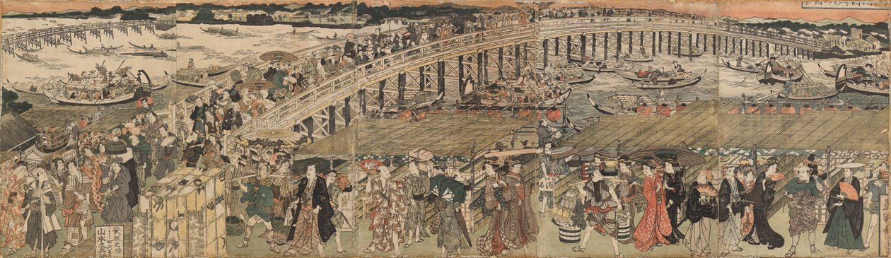 Afkøling ved Ryōgoku-broen i Edo, en Pentatykon af Utagawa Toyokuni