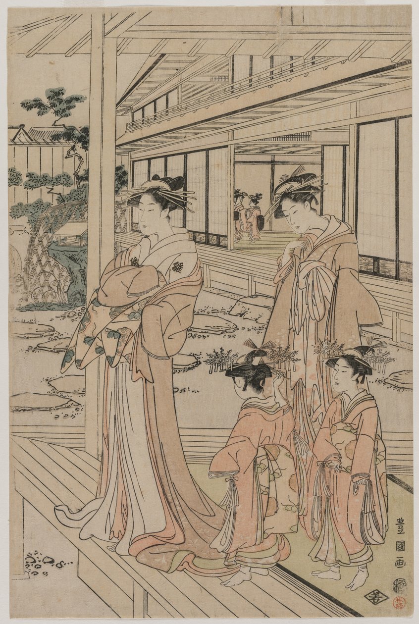 Kurtisane stående på en veranda af Utagawa Toyokuni