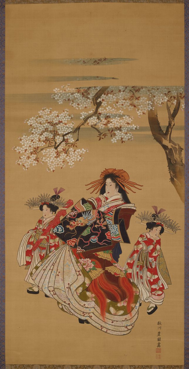 Kurtisane med to kamuro under kirsebærblomster af Utagawa Toyokuni