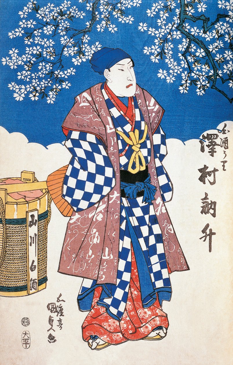 Japansk skuespiller i kimono og baggrund dekoreret med æbleblomster af Utagawa Toyokuni, træsnit af Utagawa Toyokuni