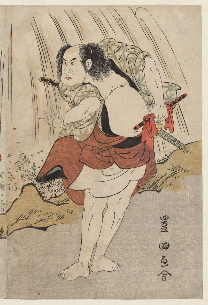Kataoka Nizaemon VII og Ichikawa Yaozo III i en konfrontation ved siden af ​​et vandfald af Utagawa Toyokuni