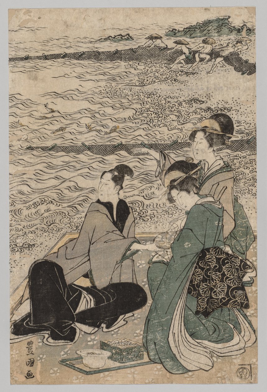 Mand og to kvinder ved havet af Utagawa Toyokuni