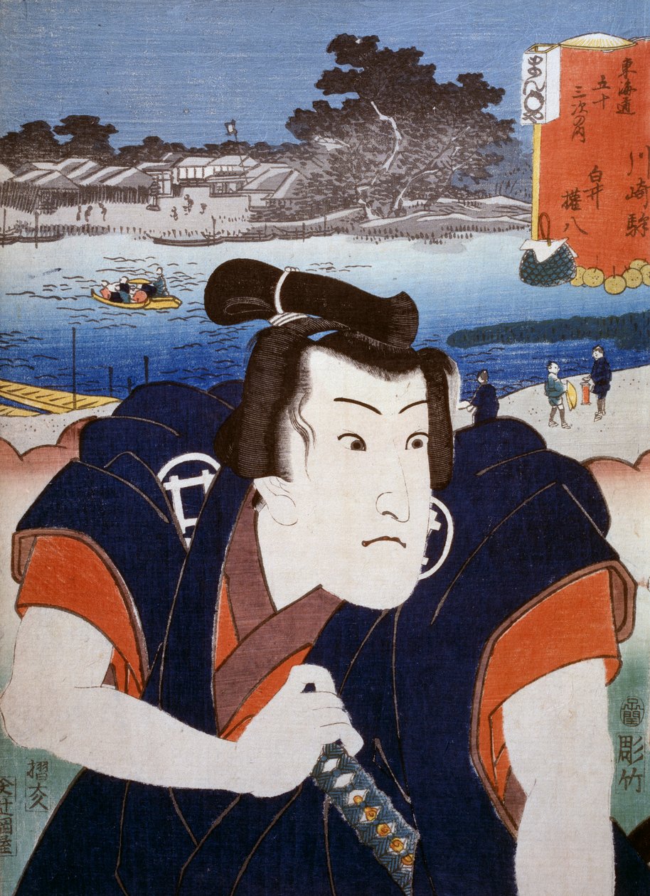 Portræt af en Kabuki teaterskuespiller, ukiyo-e kunsttryk af Utagawa Toyokuni (1769-1825), træsnit. Japansk civilisation, Edo-periode af Utagawa Toyokuni