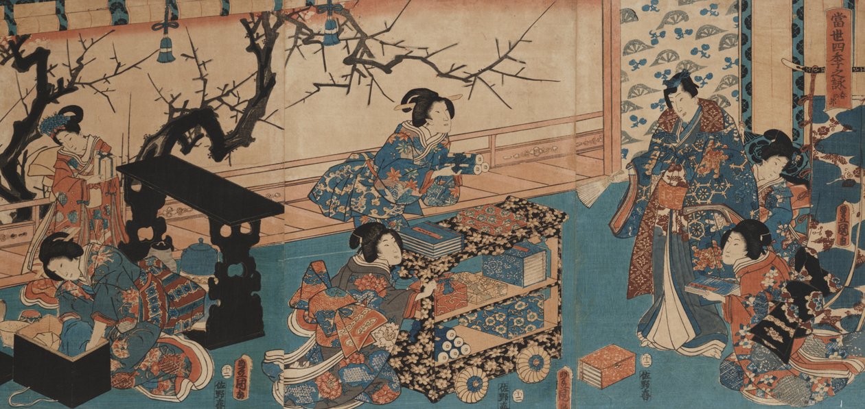 Forberedelse til forårets poesilæsning (træblok monteret om bord) af Utagawa Toyokuni