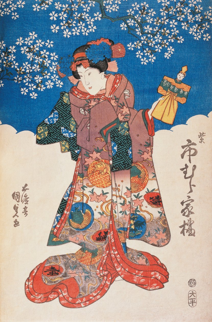 Kvinde i kimono med dukke og baggrund dekoreret med æbleblomster, af Utagawa Toyokuni, træsnit af Utagawa Toyokuni