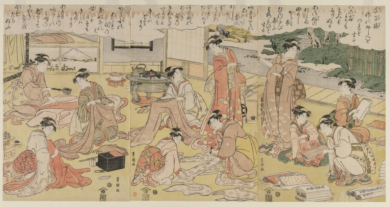 Kvinder laver tøj af Utagawa Toyokuni