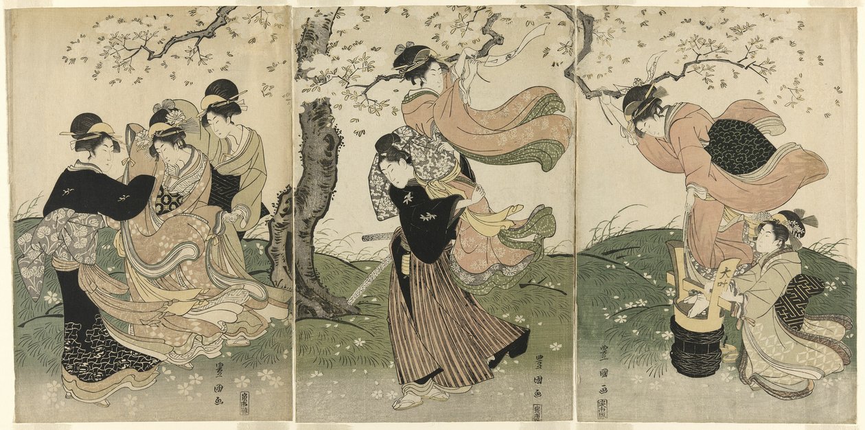 En blæsende dag under kirsebærtræerne af Utagawa Toyokuni I