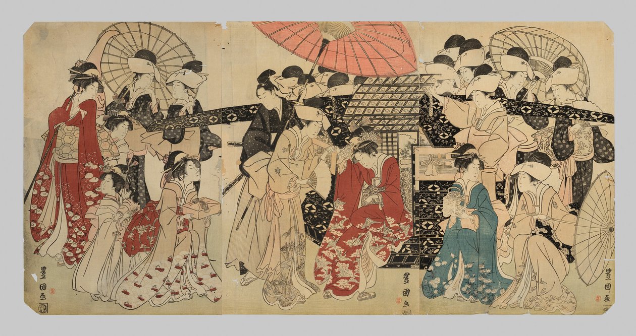 En prinsesse, der rejser med sine ledsagere, nedstammer fra en palanquin af Utagawa Toyokuni I