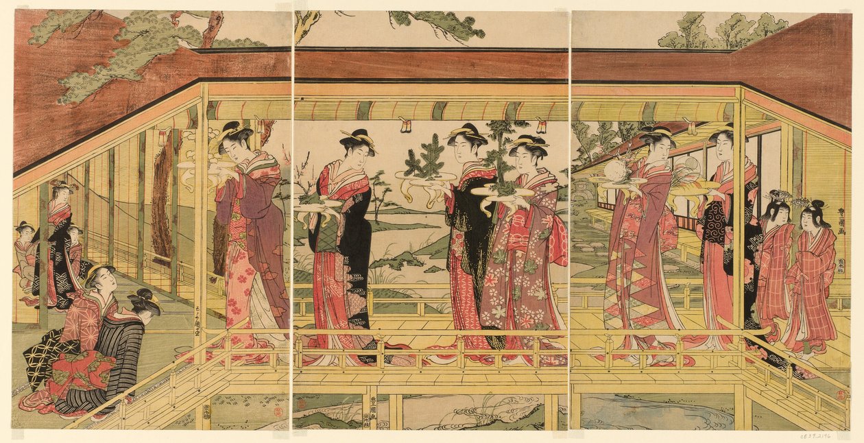 En procession af kvinder, der holder shimadai-dekorationer af Utagawa Toyokuni I