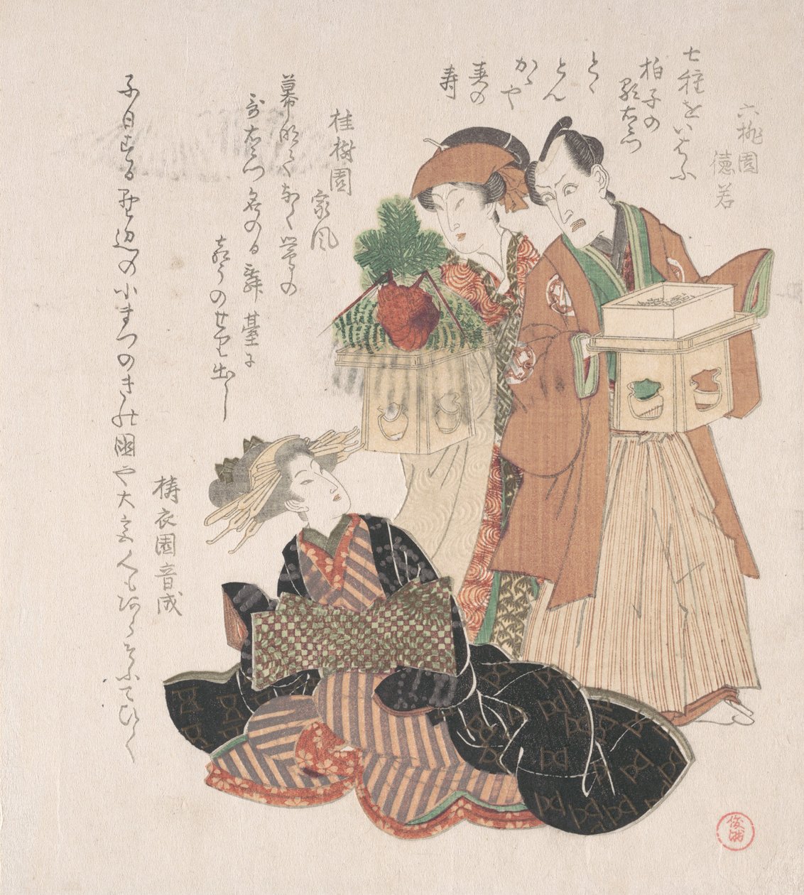 Skuespiller Nakamura Utaemon med to kvinder forbereder sig til nytårsceremonien, 1800-tallet. af Utagawa Toyokuni I