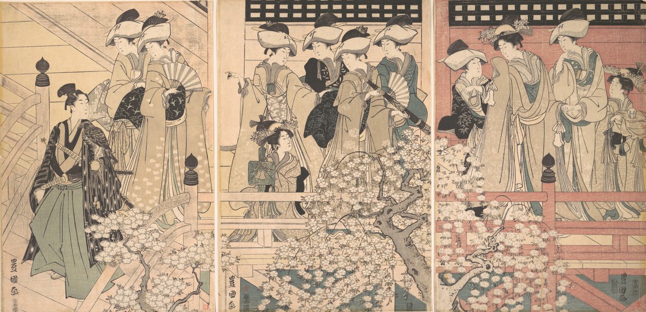 Skønheder på en veranda blandt kirsebærblomster, hvorfra en samurai tager af sted, ca. 1800. af Utagawa Toyokuni I