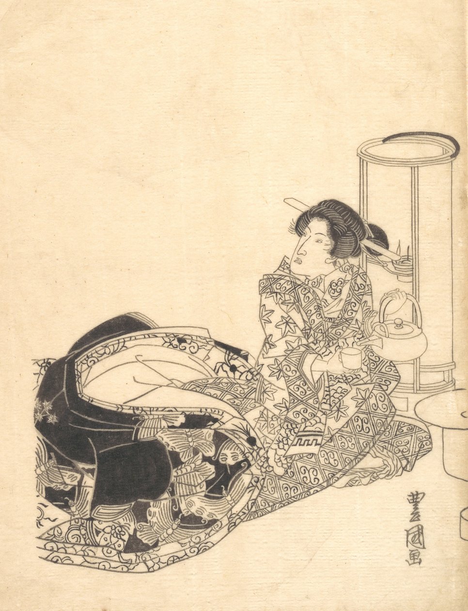 Kurtisane eller skuespiller som kurtisane, der skænker te ved lyset af en lanterne. af Utagawa Toyokuni I