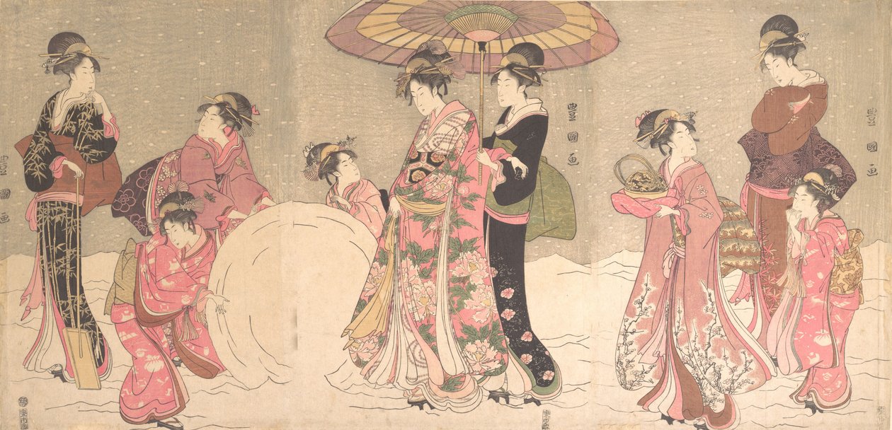 Kurtisaner og ledsagere laver en kæmpe snebold, ca. 1796. af Utagawa Toyokuni I