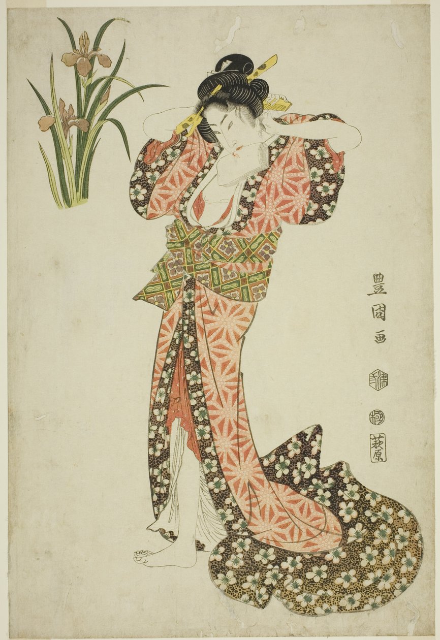 Iriser: skønhedsarrangerende hår, fra en unavngiven serie af skønheder og blomster af Utagawa Toyokuni I