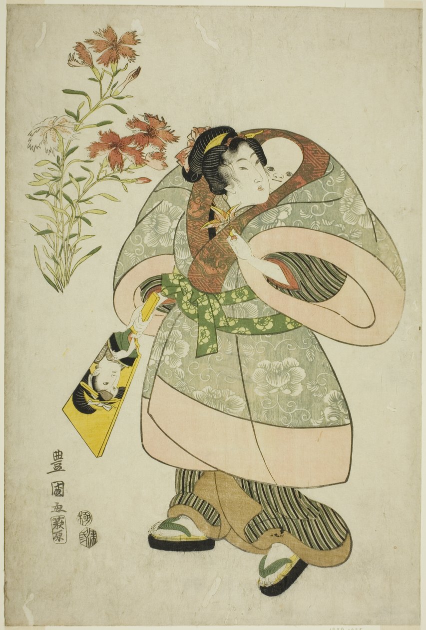 Pinks: sygeplejerske og baby, fra en unavngiven serie af skønheder og blomster af Utagawa Toyokuni I