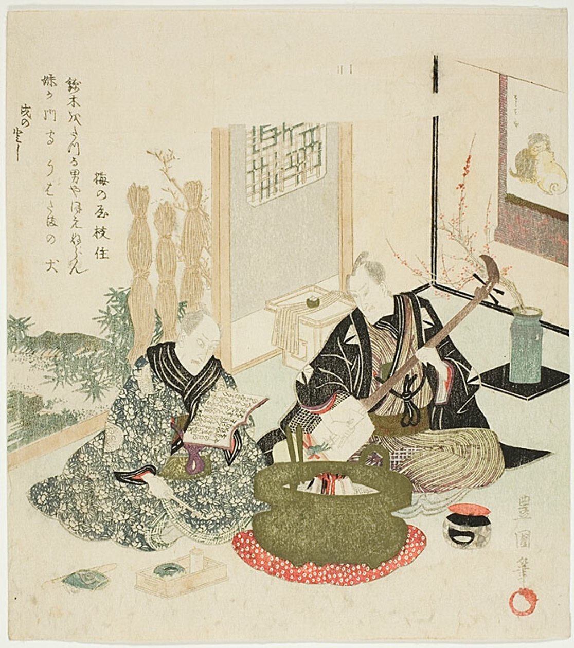 At læse og spille shamisen om vinteren af Utagawa Toyokuni I