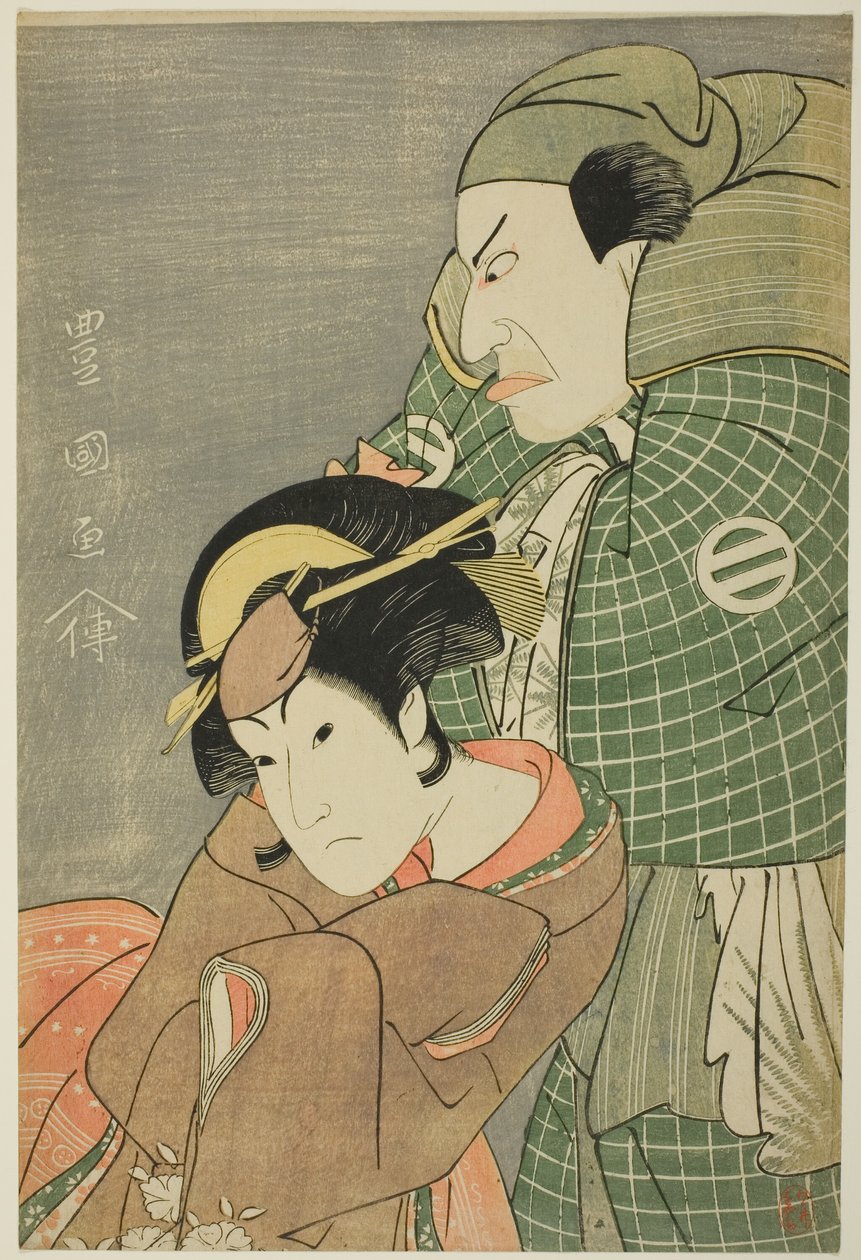 Skuespillerne Kataoka Nizaemon VII som Iyo no Taro og Iwai Hanshiro IV som Kojoro-gitsune fra Okazaki i stykket "Seiwa Nidai Oyose Genji", optrådte på Miyako Theatre i den ellevte måned, 1796 af Utagawa Toyokuni I