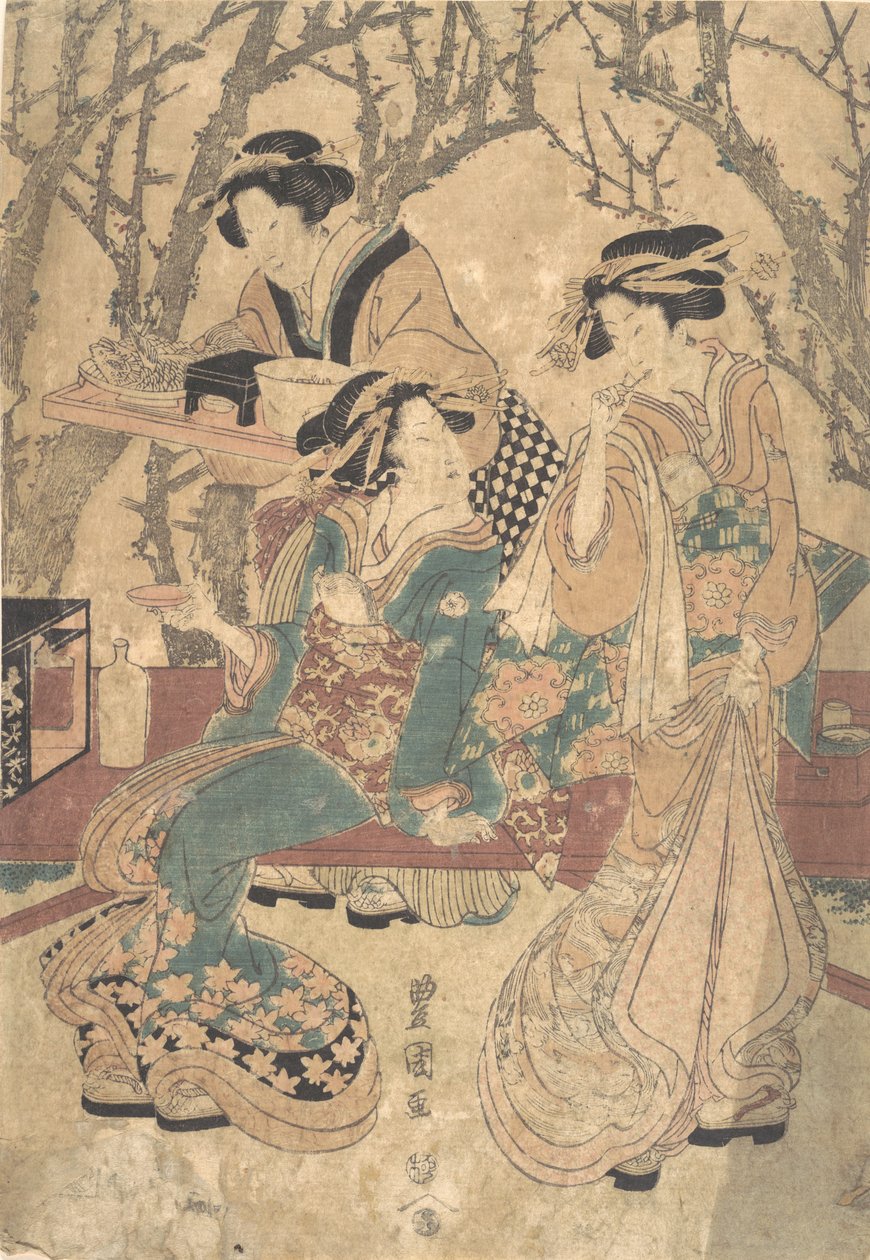 Tre kvinder spiste før en gruppe træer. af Utagawa Toyokuni I