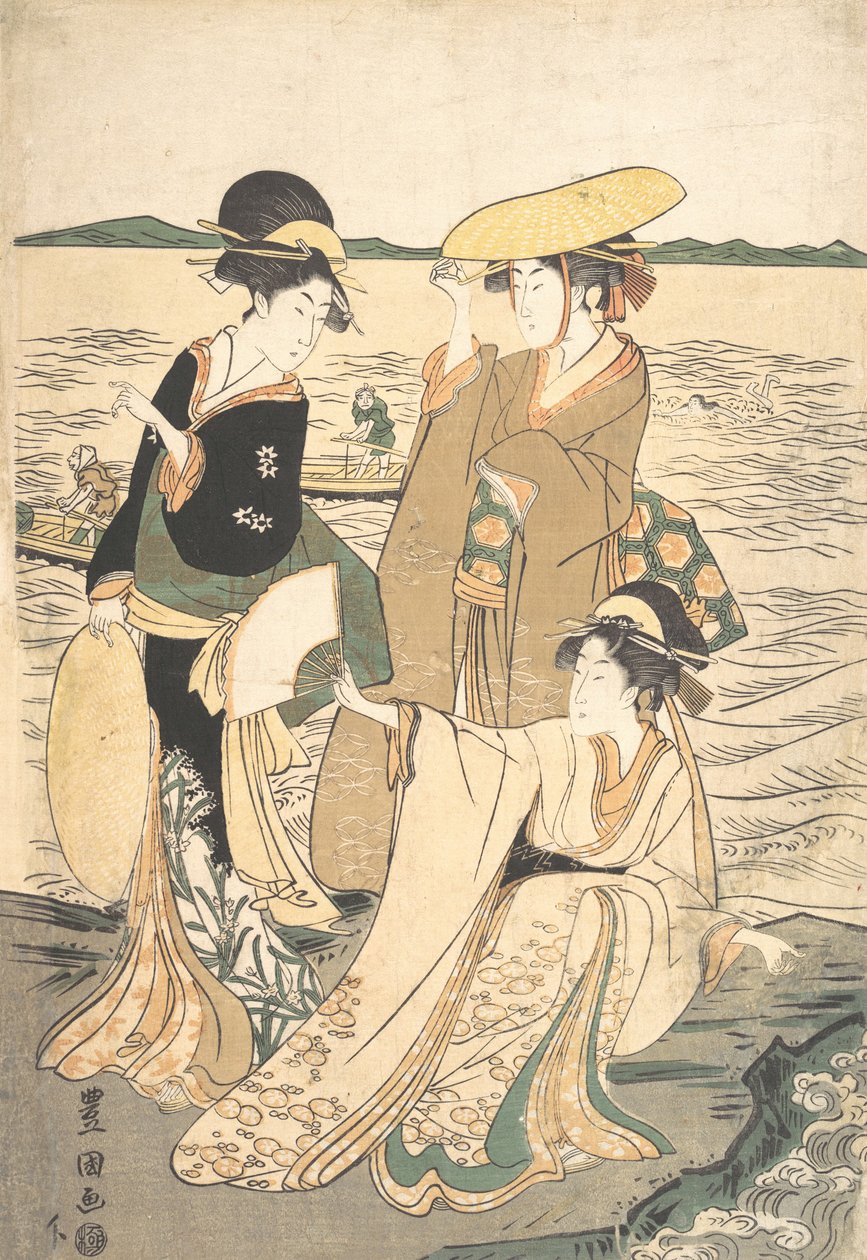 Tre unge damer ved kysten. af Utagawa Toyokuni I
