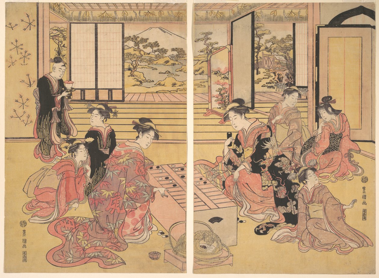 To unge kvinder spiller et spil Sugoroku. af Utagawa Toyokuni I