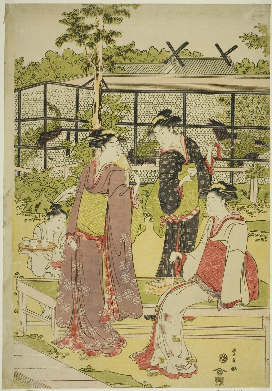 Kvinder besøger fuglen og blomster tehuset (Kachojaya) af Utagawa Toyokuni I