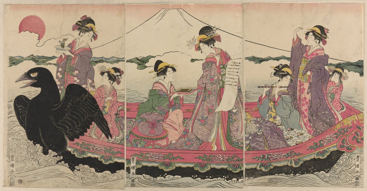 Kvinder på en båd ved nytår efterligner de syv lykkeguder af Utagawa Toyokuni I