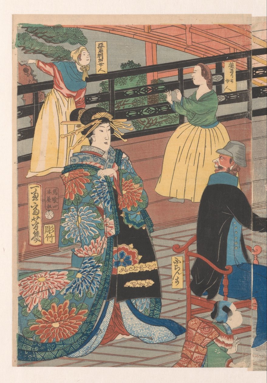 Udlændinge under en drukkamp på tehuset Gankiro af Utagawa Yoshiiku