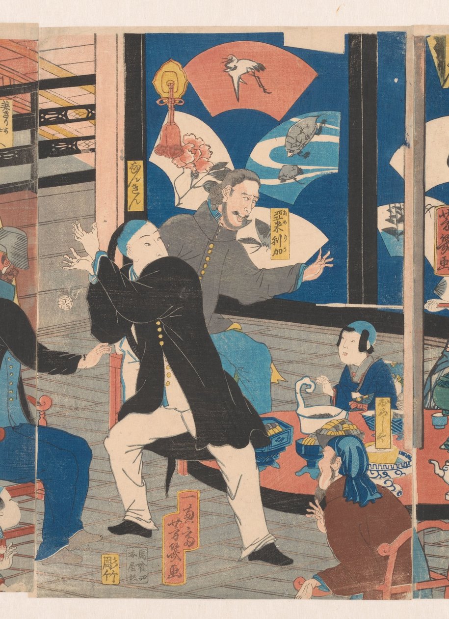 Udlændinge under en drukkamp på tehuset Gankiro af Utagawa Yoshiiku