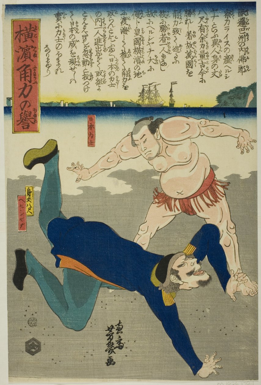 Wrestler vælter franskmand af Utagawa Yoshiiku