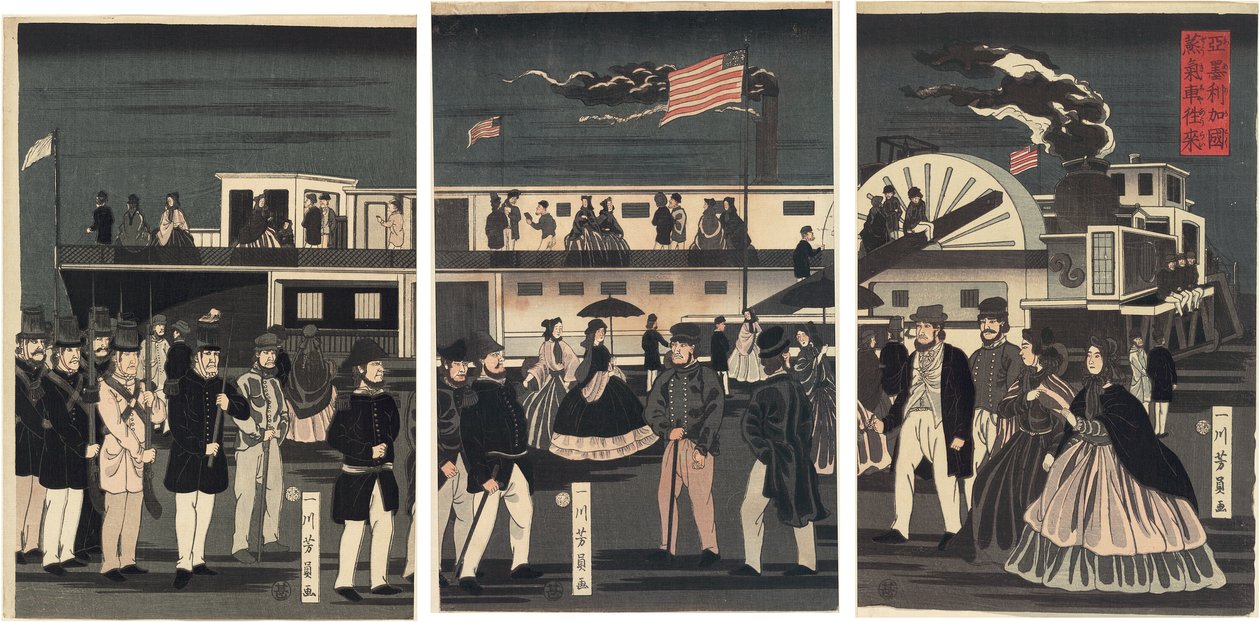 Ankomst og afgang af et amerikansk dampskib (Amerikakoku jokisha orai) af Utagawa Yoshikazu