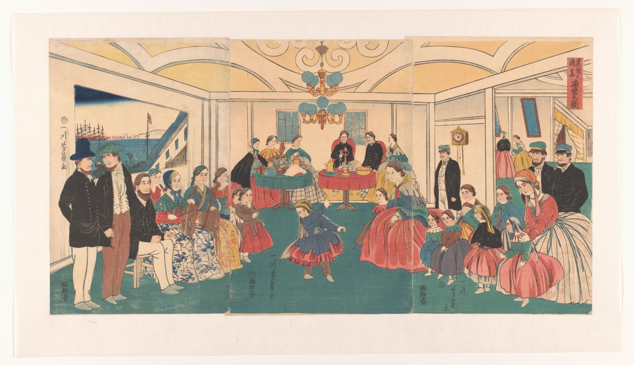 Udlændinge har det sjovt ved en banket Ikokujin shuen yuraku no zu (titel på objekt) af Utagawa Yoshikazu