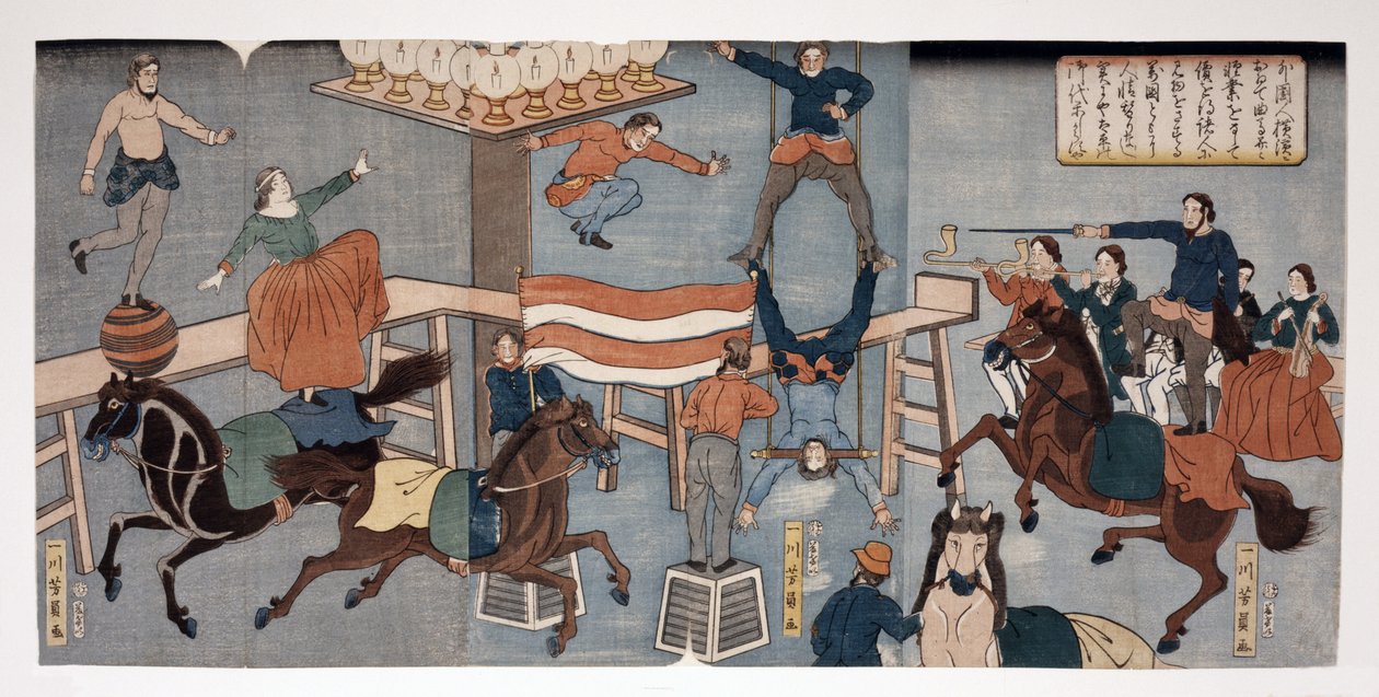 Udenlandsk cirkus i Yokohama, pub. (1864 (håndfarvet træsnit) af Utagawa Yoshikazu