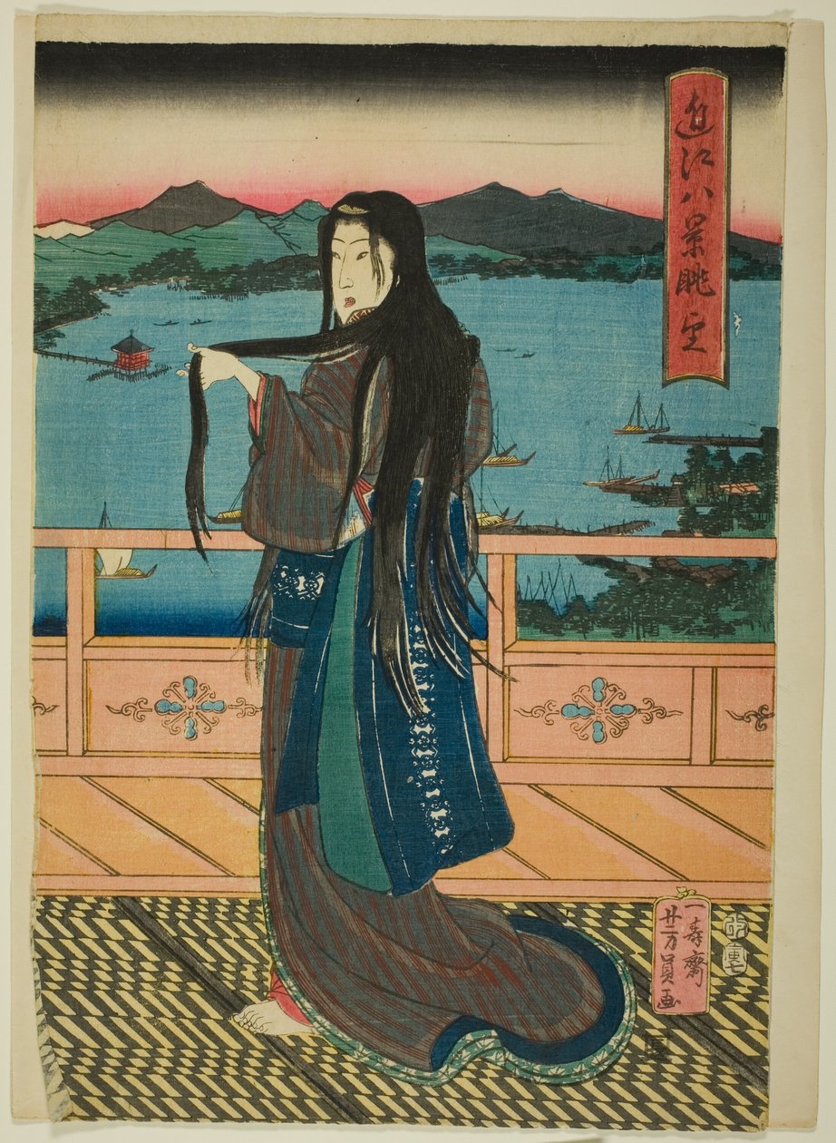 De otte udsigter ved Biwa-søen om aftenen (Omi Hakkei Moku) af Utagawa Yoshikazu