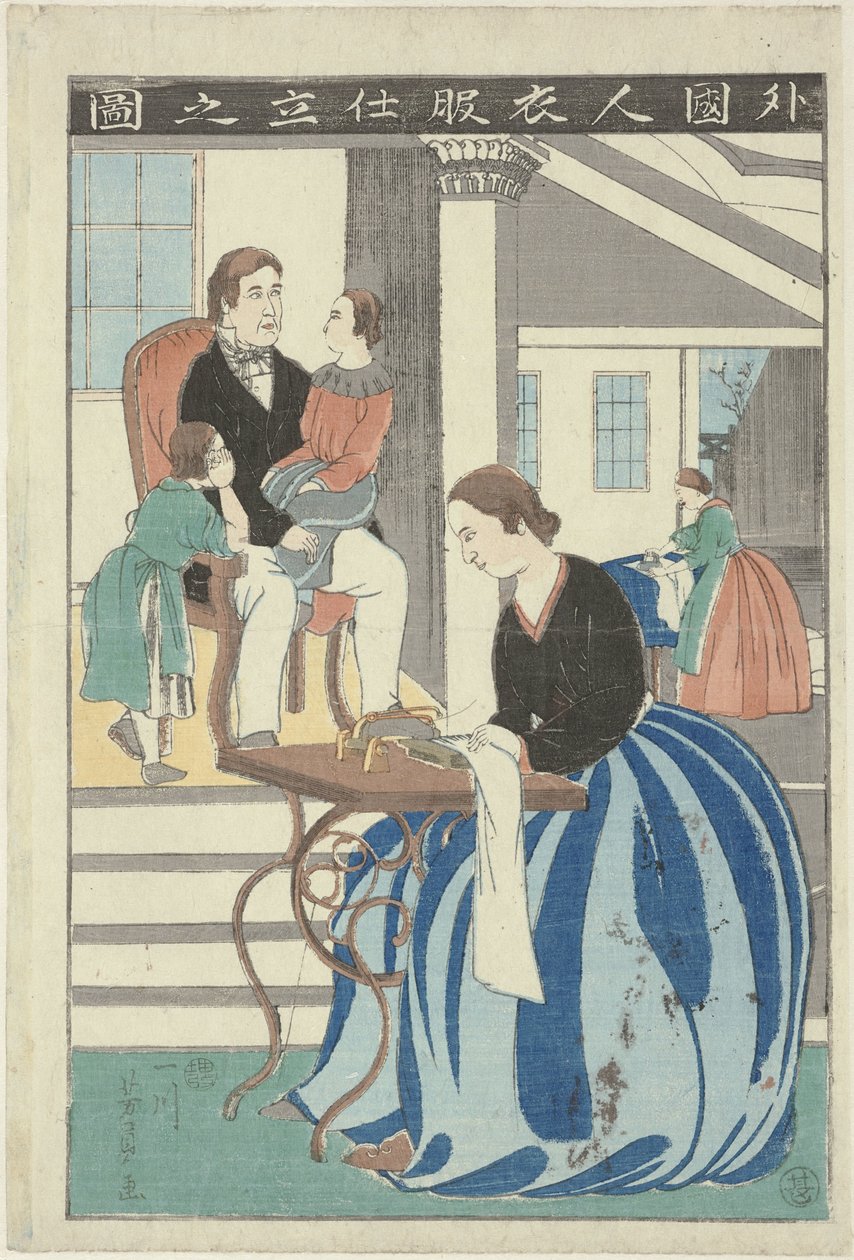 Vestlig kvinde bag en symaskine Gaikokujin ifuku shitate no zu (titel på objekt) Billede af en udlænding, der laver tøj af Utagawa Yoshikazu
