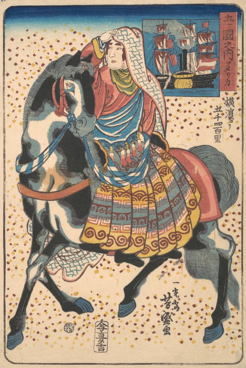 Mounted American Woman, 12. måned, 1860. af Utagawa Yoshimori
