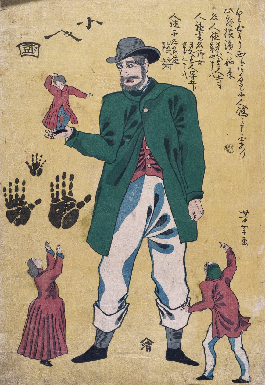 A Giant with Midgets (træbloktryk i farver) af Utagawa Yoshitora