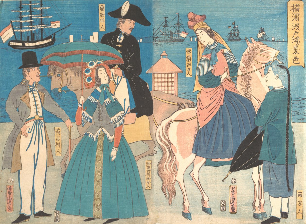 Udsigt over kajene i Yokohama, 2. måned, 1861. af Utagawa Yoshitora