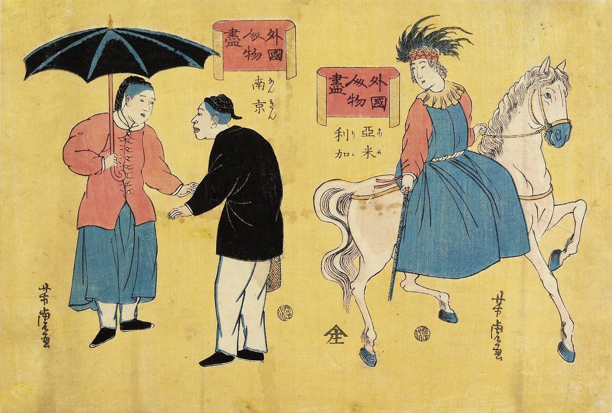Amerikanske (højre), kinesiske mænd (venstre) af Utagawa Yoshitora