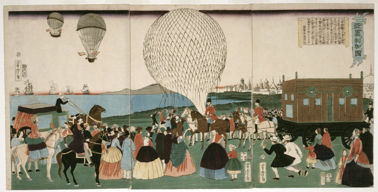 Ballonflyvning i Amerika, pub. 1865 (håndfarvet træsnit) af Utagawa Yoshitora