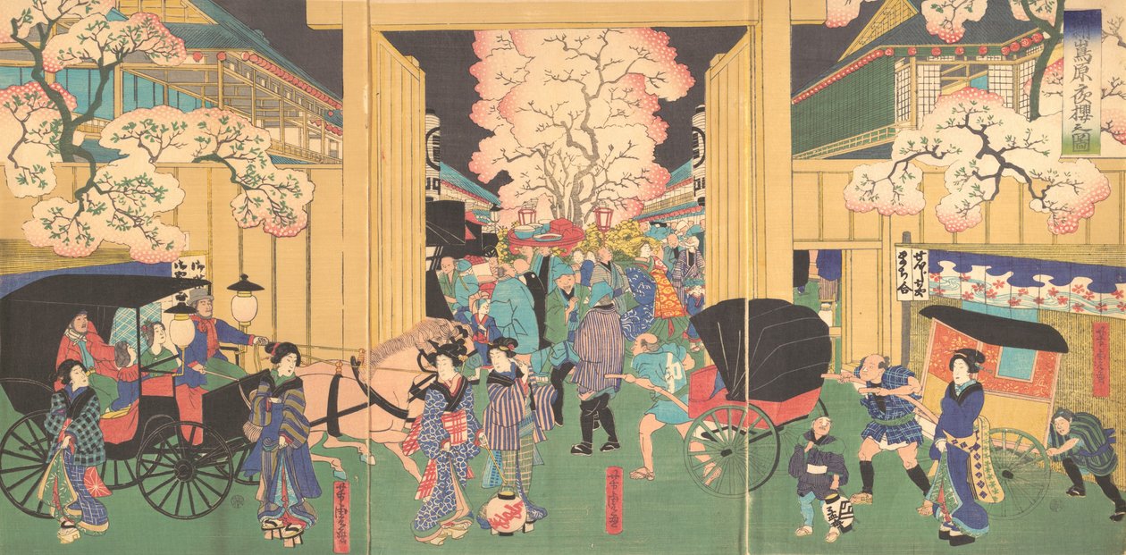 Kirsebær om natten i New Shimabara, 1800-tallet. af Utagawa Yoshitora