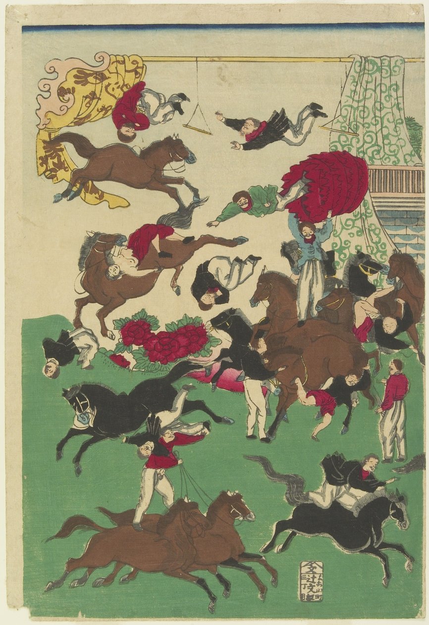 Cirkusstunts, 1800-tallet (træblok i farver) af Utagawa Yoshitora