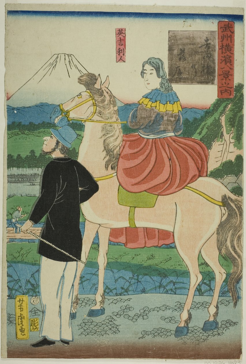 Engelsk at se nedstigende gæs ved Yoshida-broen (Yoshida-bashi no rakugan, Igirisujin) , fra serien "Eight Views of Yokohama in Musashino Province (Bushu Yokohama hakkei no uchi)" af Utagawa Yoshitora