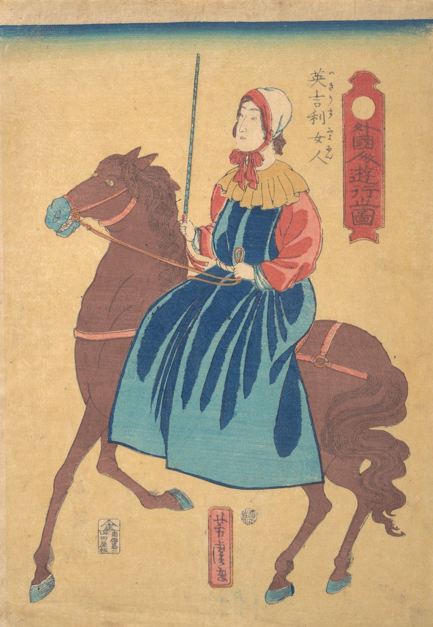 Engelsk kvinde til hest, 1. måned, 1861. af Utagawa Yoshitora