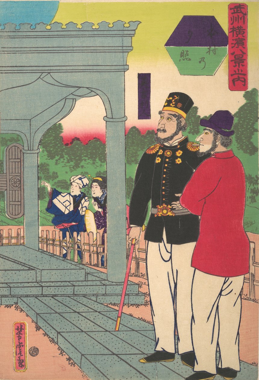 Aftenglød ved Motomura [To englændere ser på solnedgangen], 1. måned, 1861. af Utagawa Yoshitora