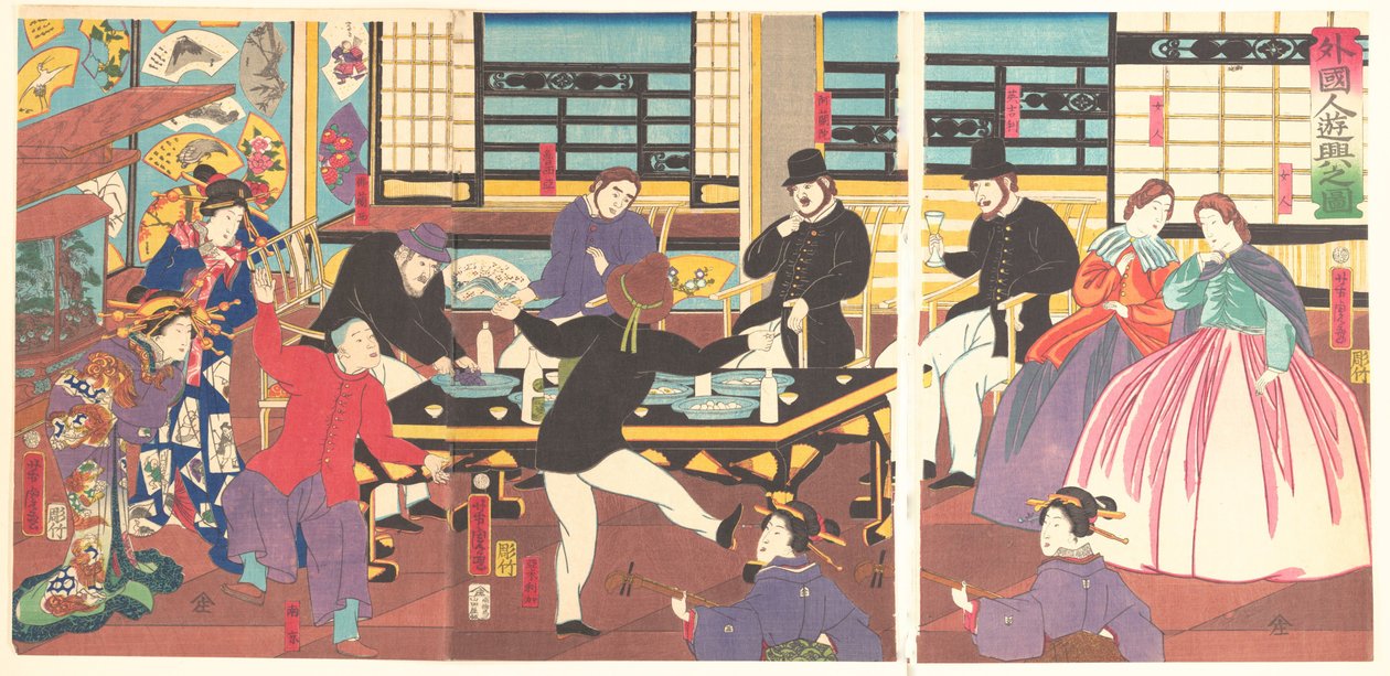 Udlændinge nyder en fest, 1. måned, 1861. af Utagawa Yoshitora