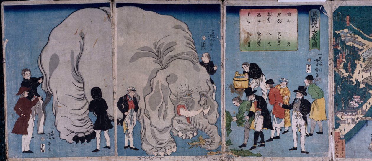 Udlændinge med en elefant (farvet træbloktryk) af Utagawa Yoshitora