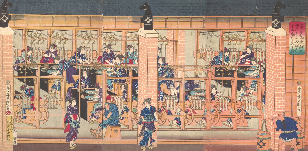 Importeret silkeoprulningsmaskine i Tsukiji i Tokyo, 4. måned, 1872. af Utagawa Yoshitora
