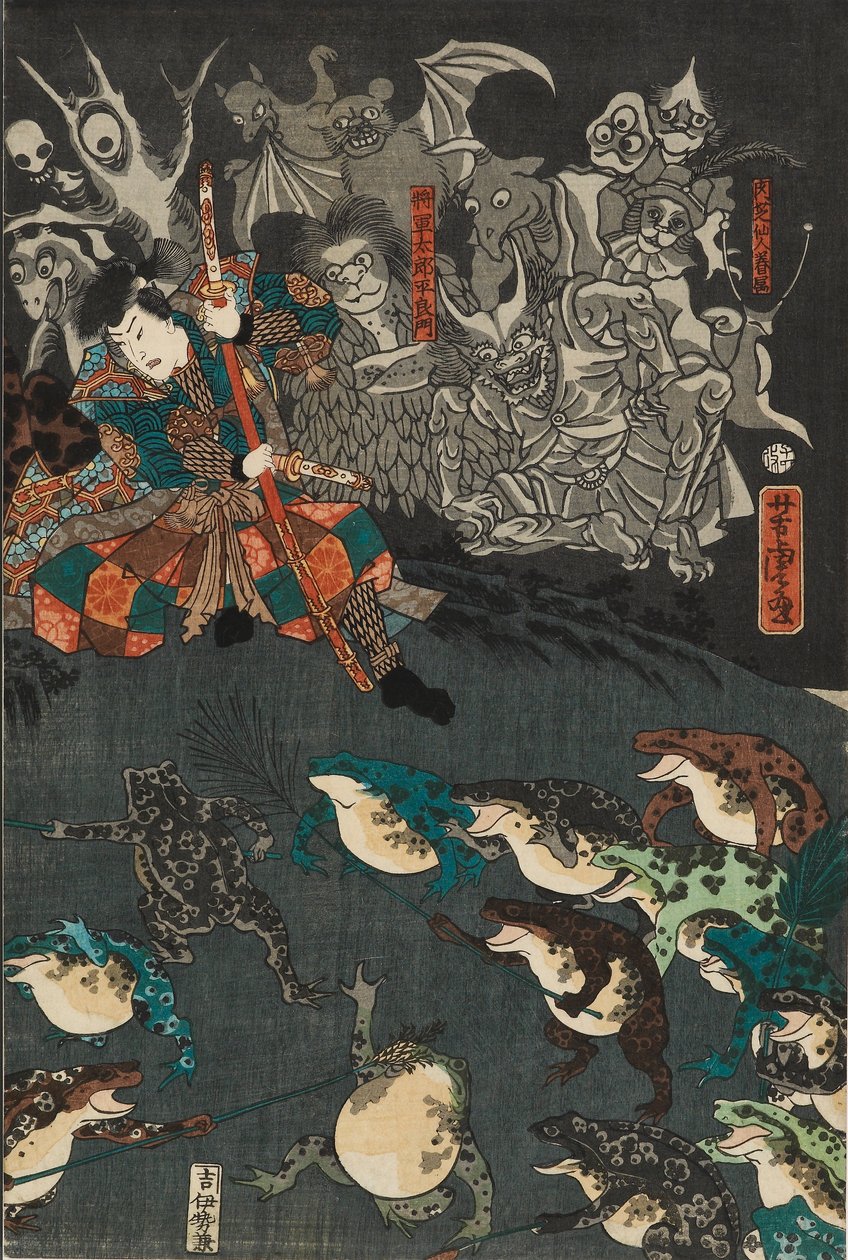 Frøånden Nikushi fremmaner et magisk frøslag ved Tateyama i Etchu-provinsen, 1864 af Utagawa Yoshitora