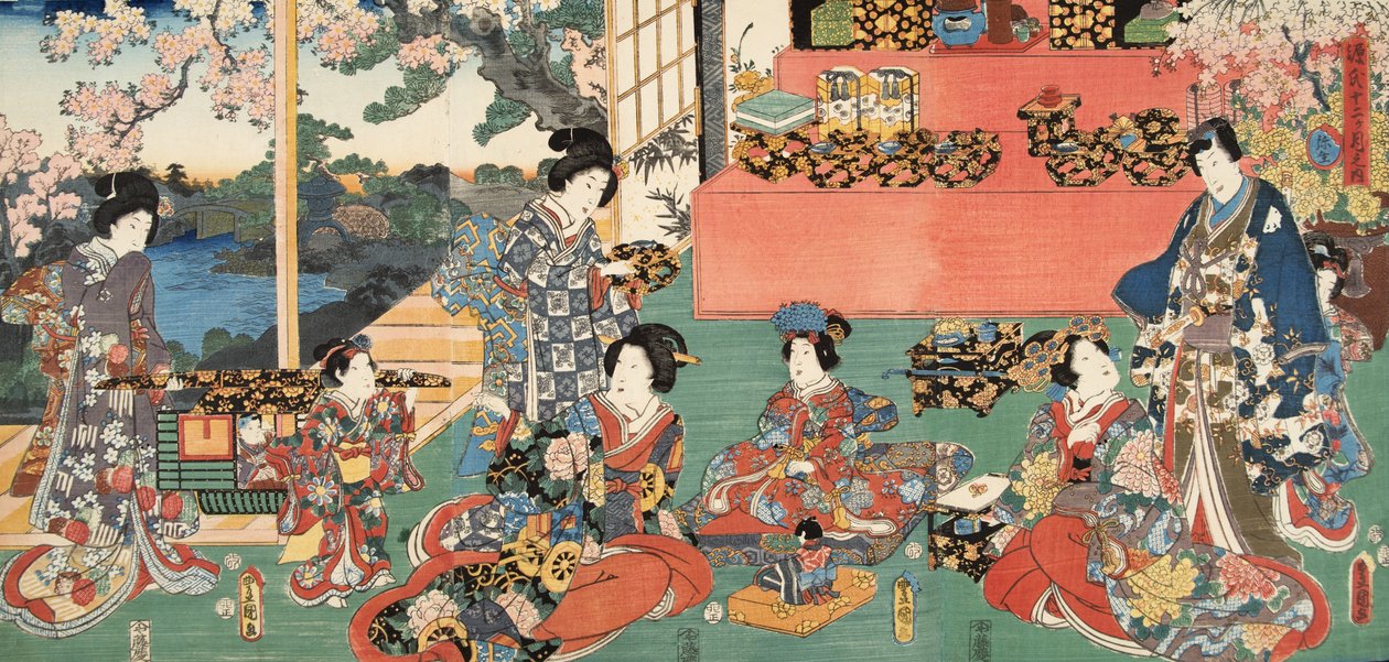 Scene fra Genji monogatari (Fortælling om Genji) af Murasaki Shibuku (f. 978) ca. 1860 (træblok i farver) af Utagawa and Toyokuni Kuniyoshi