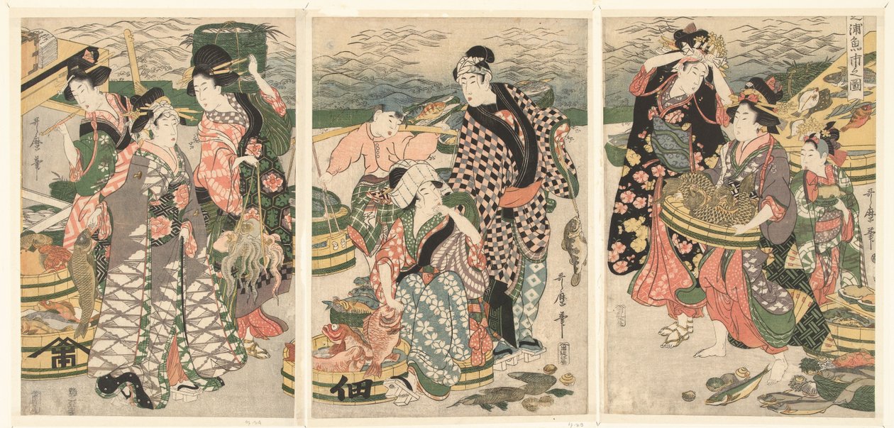 Udsigt over fiskemarkedet på stranden i Shiba [Shiba] no ura uoichi no zu (titel på objekt) af Utamaro (II) , Kitagawa